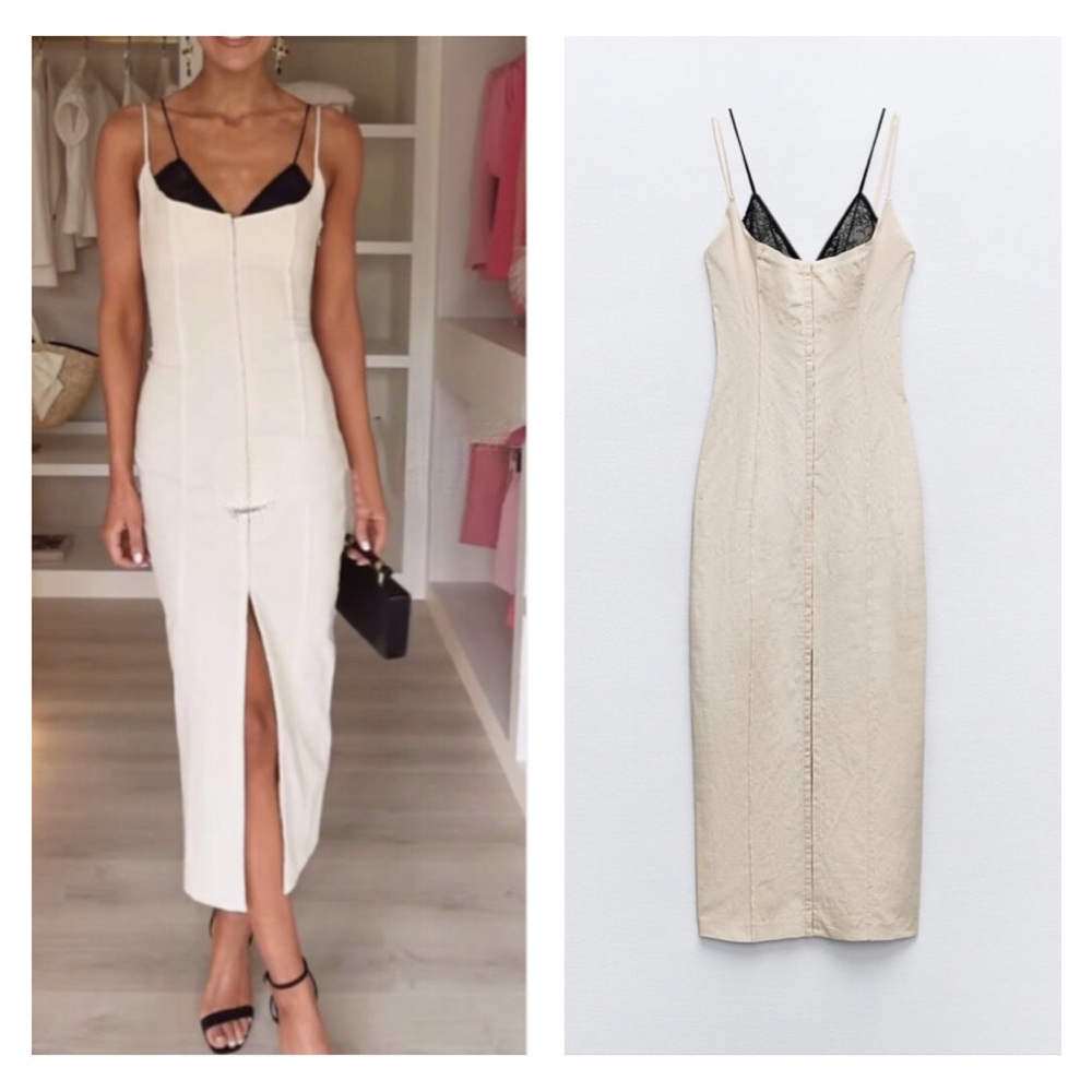 Zara Cream Midi Slip Dress with Black Lace Trim
